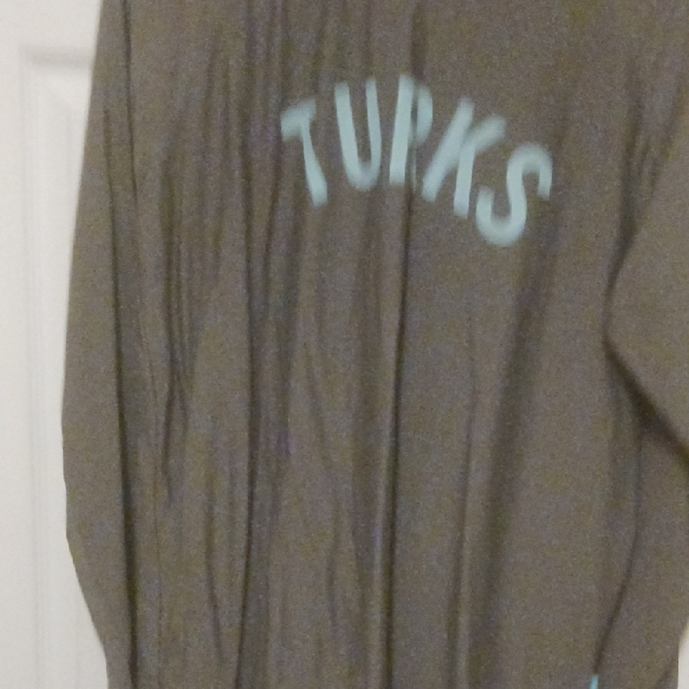 Okaicos Turks Brown LS beach/pool w Teal Turks letters